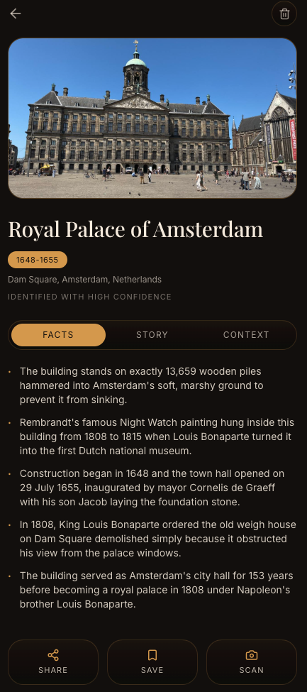 Lore detail screen showing the Royal Palace of Amsterdam with facts, story and context tabs.